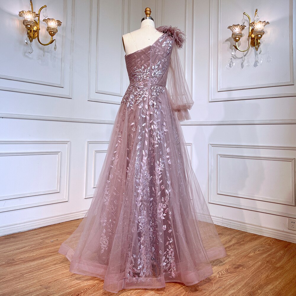 Pink A-Line Split Luxury Evening Dresses Gowns 2025 Beaded Elegant Feathers One Shoulder For Women Party LA71689