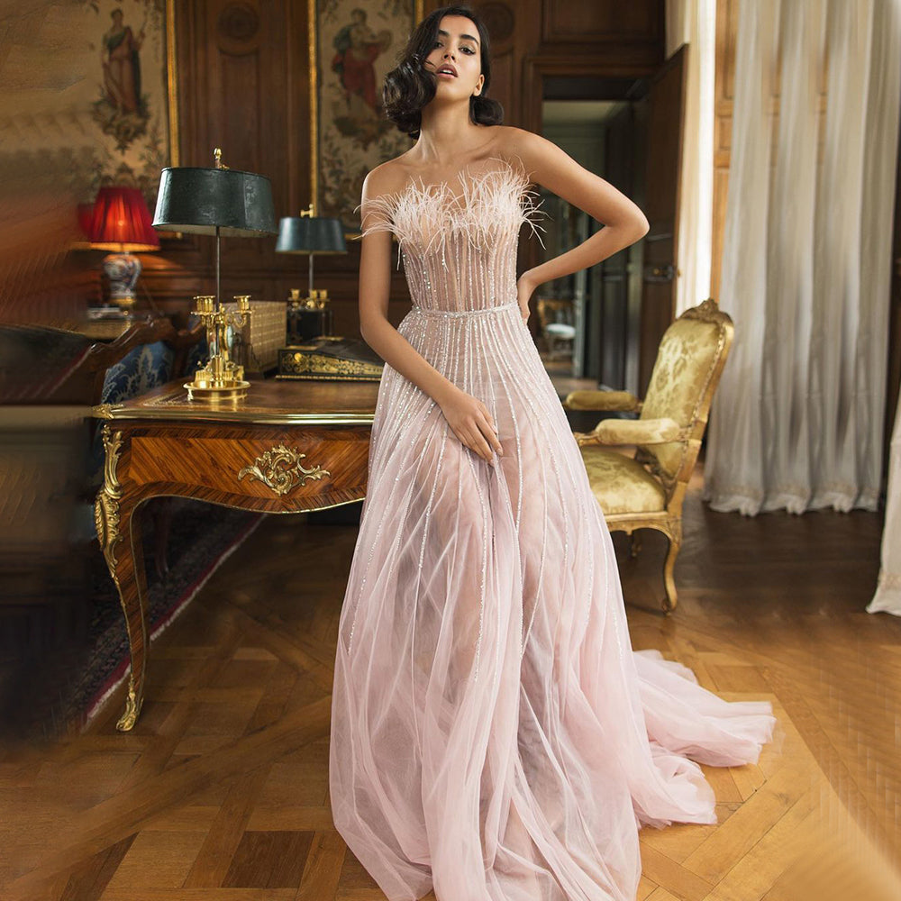 Vestidos de noche sexys sin tirantes, de corte A, color rosa, de lujo, con plumas y cuentas, para mujer, para bodas y fiestas, LA71646 