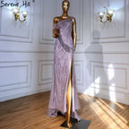 Vestido de noche rosa árabe, corte A, sexy, con abertura alta y un hombro, con cuentas, de lujo, para mujer, fiesta, LA71241 
