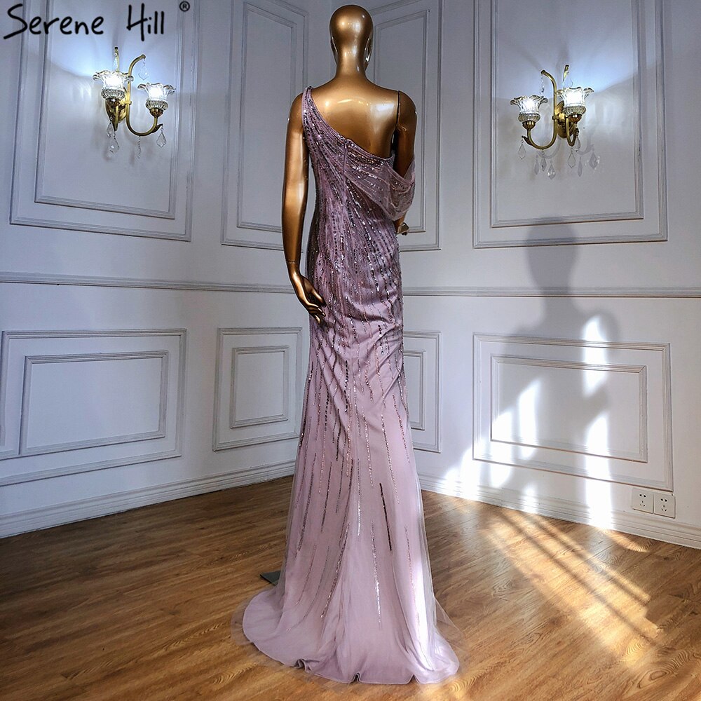 Vestido de noche rosa árabe, corte A, sexy, con abertura alta y un hombro, con cuentas, de lujo, para mujer, fiesta, LA71241 