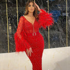 Vestidos de noche con plumas y cuentas rosas, corte sirena, elegantes, largos hasta la rodilla, para mujer, fiesta, LA71205 