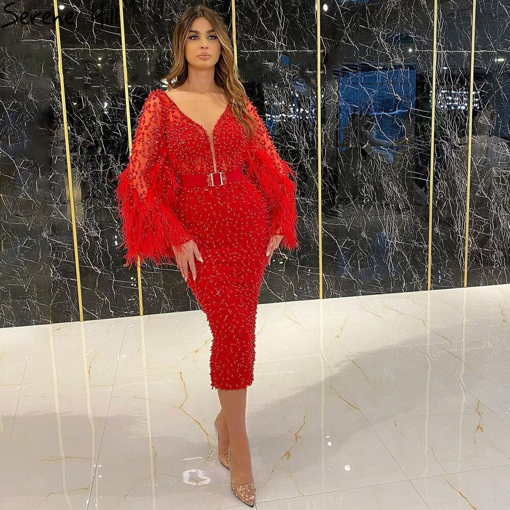 Vestidos de noche con plumas y cuentas rosas, corte sirena, elegantes, largos hasta la rodilla, para mujer, fiesta, LA71205 