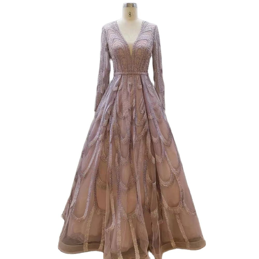 Vestidos de noche musulmanes con cuentas rosas, vestidos de lujo 2025, corte A, mangas abullonadas para mujer, fiesta LA71758 