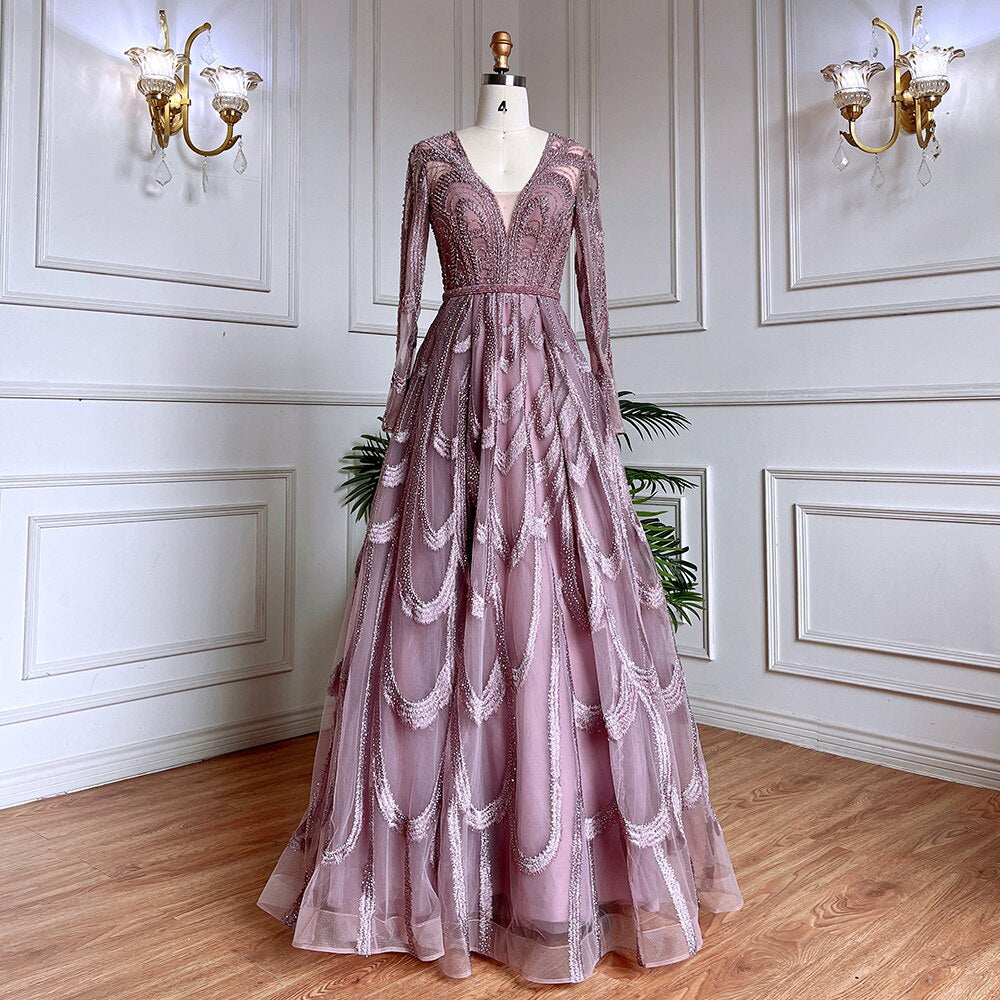 Vestidos de noche musulmanes con cuentas rosas, vestidos de lujo 2025, corte A, mangas abullonadas para mujer, fiesta LA71758 