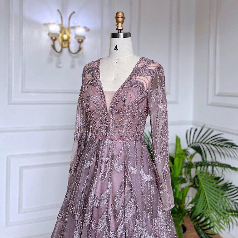 Vestidos de noche musulmanes con cuentas rosas, vestidos de lujo 2025, corte A, mangas abullonadas para mujer, fiesta LA71758 