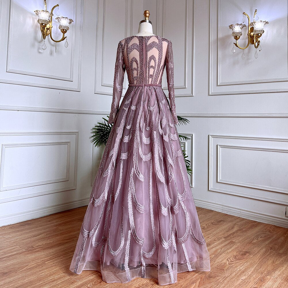 Vestidos de noche musulmanes con cuentas rosas, vestidos de lujo 2025, corte A, mangas abullonadas para mujer, fiesta LA71758 