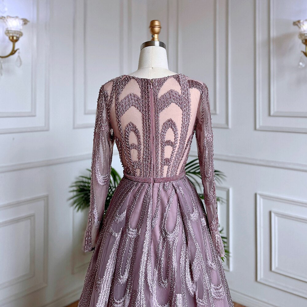 Vestidos de noche musulmanes con cuentas rosas, vestidos de lujo 2025, corte A, mangas abullonadas para mujer, fiesta LA71758 