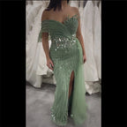 Rosa, perlenbesetztes One-Shoulder-Meerjungfrauen-Abendkleid mit Schlitz und Tülldetail für formelle Anlässe LA72888 2025