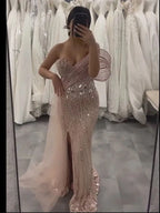 Rosa, perlenbesetztes One-Shoulder-Meerjungfrauen-Abendkleid mit Schlitz und Tülldetail für formelle Anlässe LA72888 2025