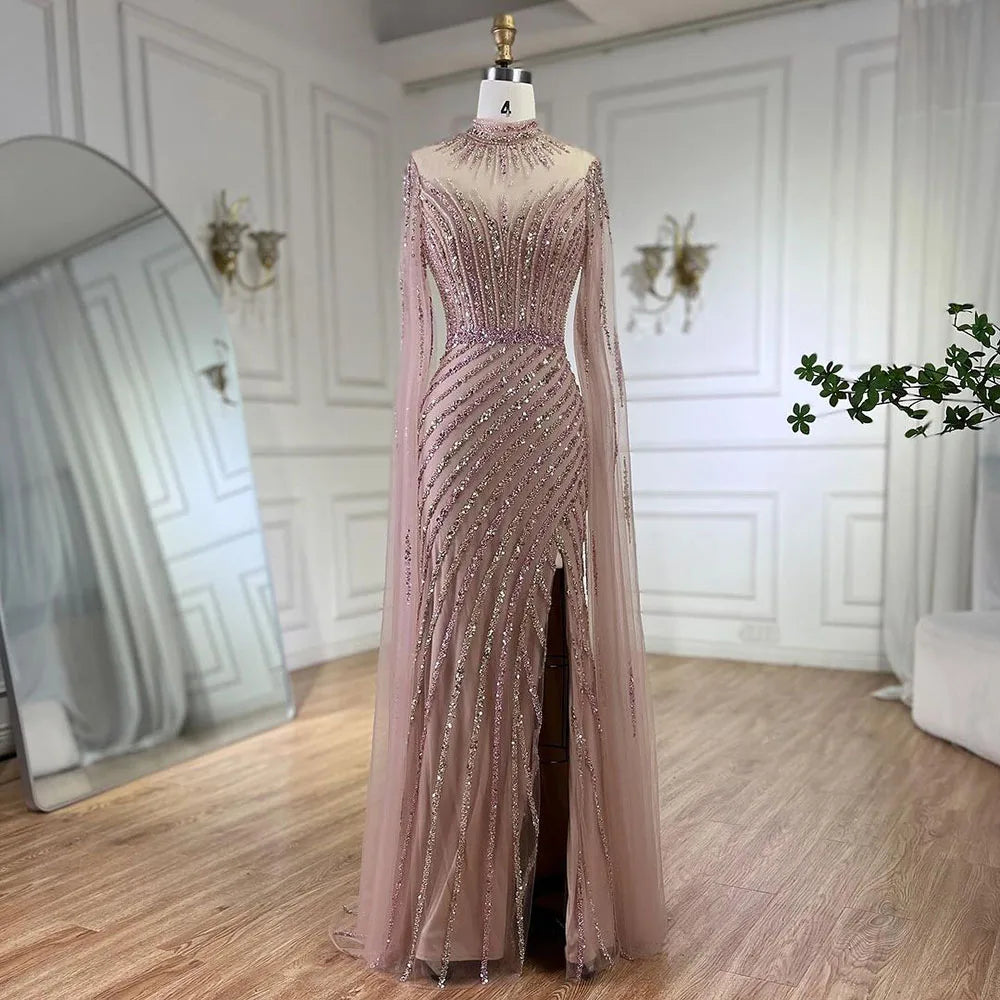 Rosa Cape-Ärmel Meerjungfrau Split Perlen Luxus Dubai Lange Abendkleider Kleider für Frauen Hochzeit Party 2025 LA72449 