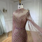 Rosa Cape-Ärmel Meerjungfrau Split Perlen Luxus Dubai Lange Abendkleider Kleider für Frauen Hochzeit Party 2025 LA72449 