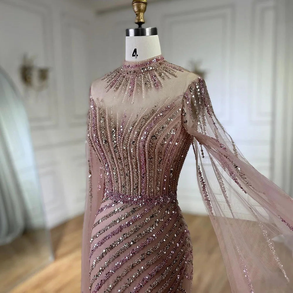 Rosa Cape-Ärmel Meerjungfrau Split Perlen Luxus Dubai Lange Abendkleider Kleider für Frauen Hochzeit Party 2025 LA72449 