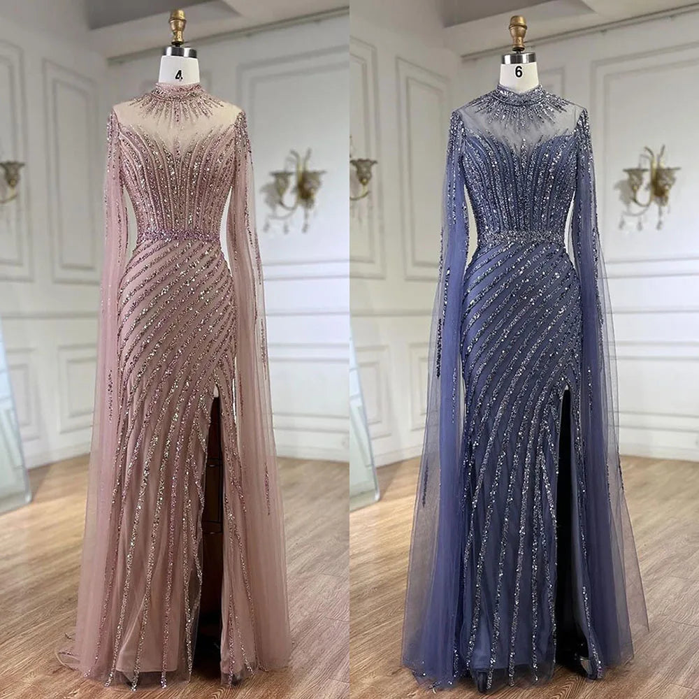 Rosa Cape-Ärmel Meerjungfrau Split Perlen Luxus Dubai Lange Abendkleider Kleider für Frauen Hochzeit Party 2025 LA72449 