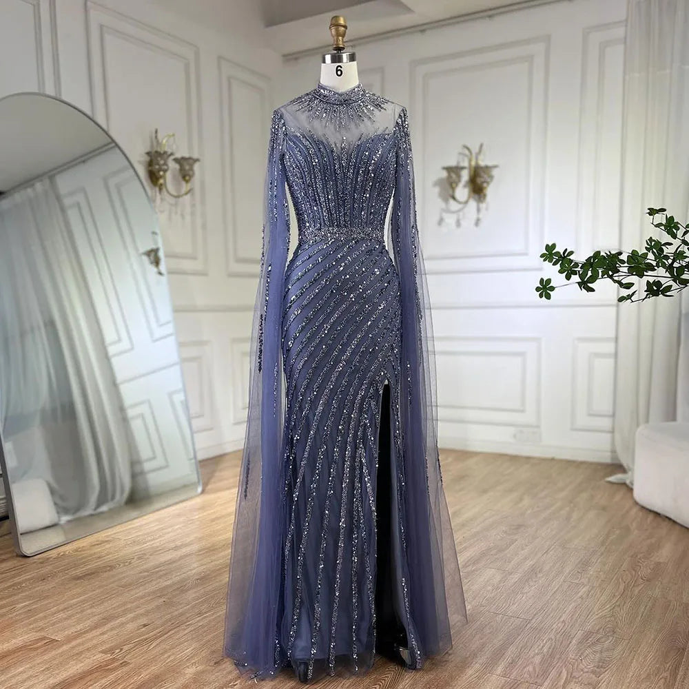 Rosa Cape-Ärmel Meerjungfrau Split Perlen Luxus Dubai Lange Abendkleider Kleider für Frauen Hochzeit Party 2025 LA72449 