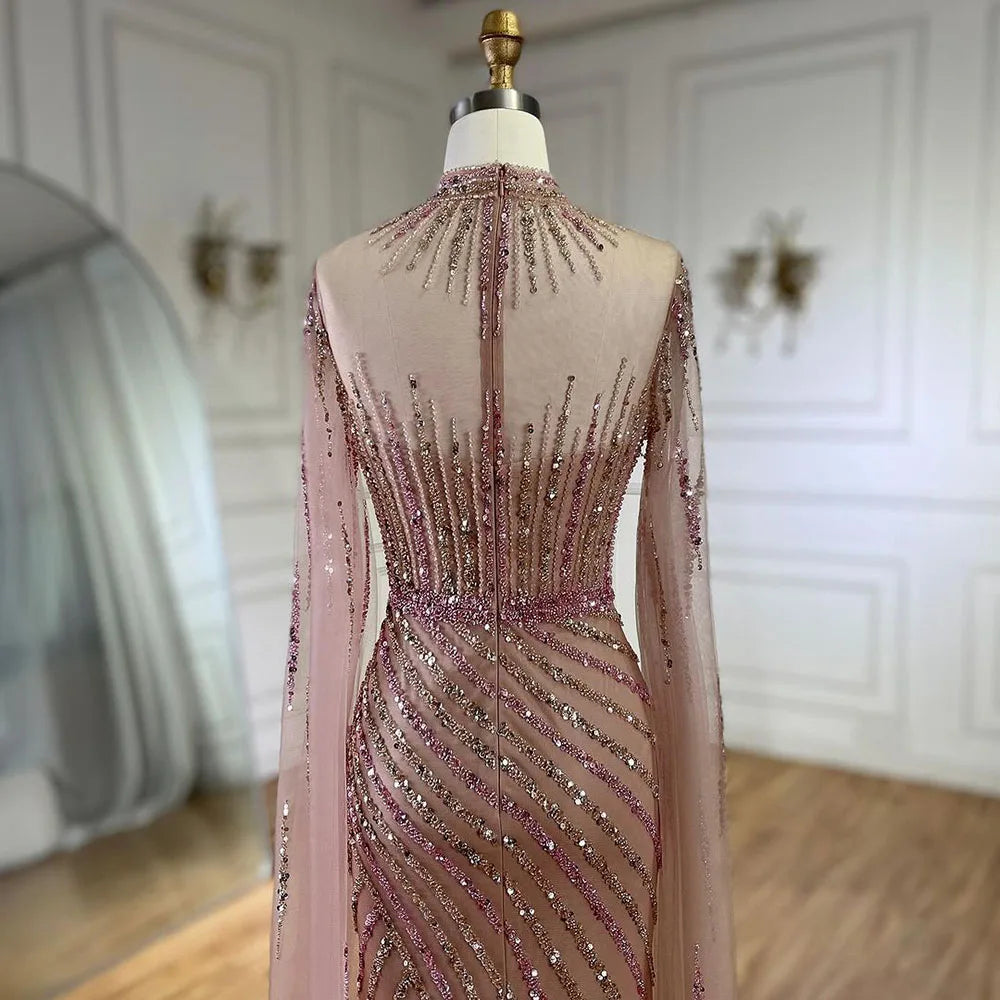 Rosa Cape-Ärmel Meerjungfrau Split Perlen Luxus Dubai Lange Abendkleider Kleider für Frauen Hochzeit Party 2025 LA72449 