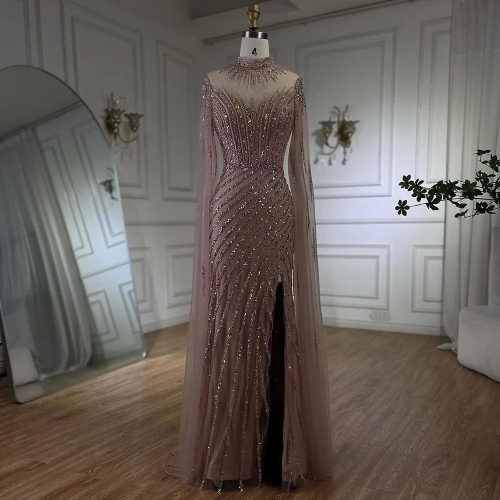Rosa Cape-Ärmel Meerjungfrau Split Perlen Luxus Dubai Lange Abendkleider Kleider für Frauen Hochzeit Party 2025 LA72449 