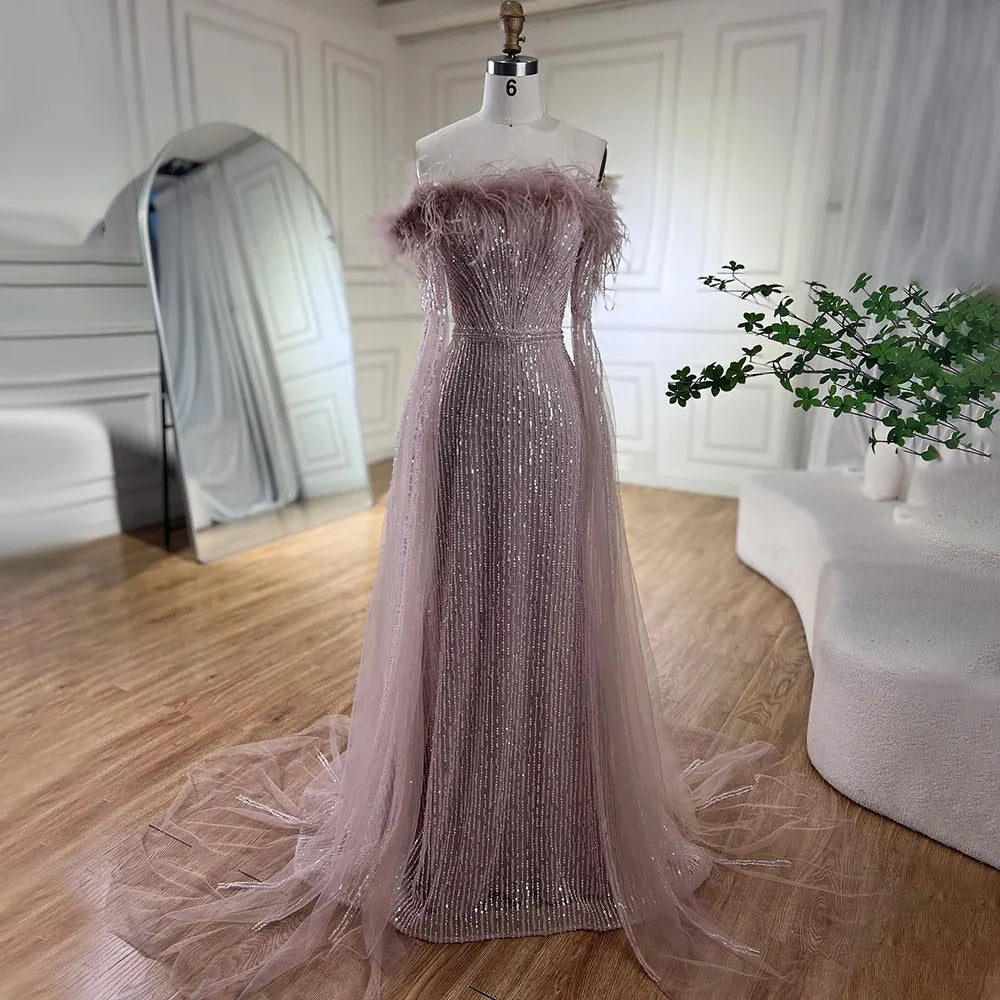 Rosa Cape Sleeves Mermaid gelb Abendkleider Kleider Luxus Perlen Federn Für Frauen Hochzeit Party 2025 LA72169A