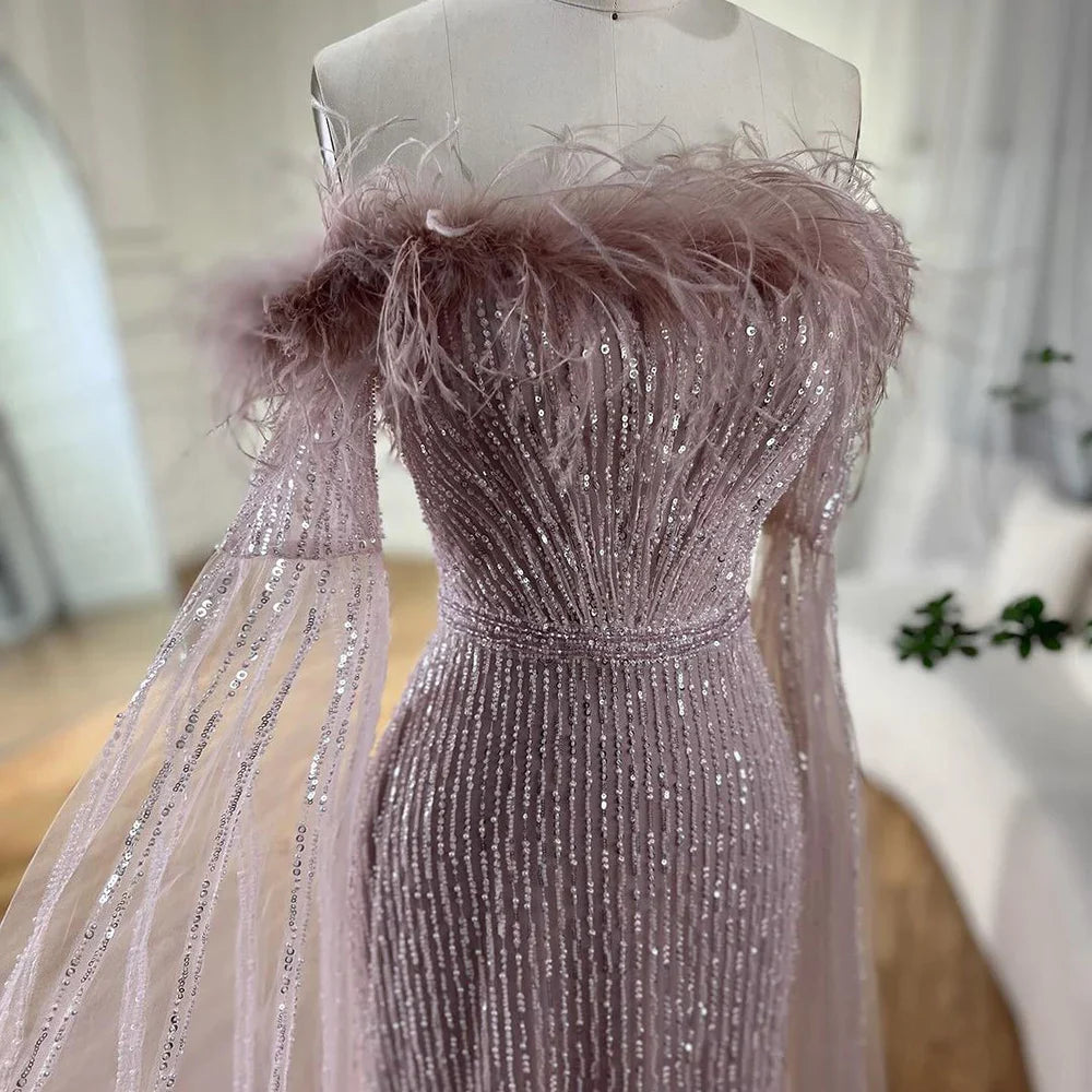Rosa Cape Sleeves Mermaid gelb Abendkleider Kleider Luxus Perlen Federn Für Frauen Hochzeit Party 2025 LA72169A