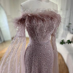 Rosa Cape Sleeves Mermaid gelb Abendkleider Kleider Luxus Perlen Federn Für Frauen Hochzeit Party 2025 LA72169A