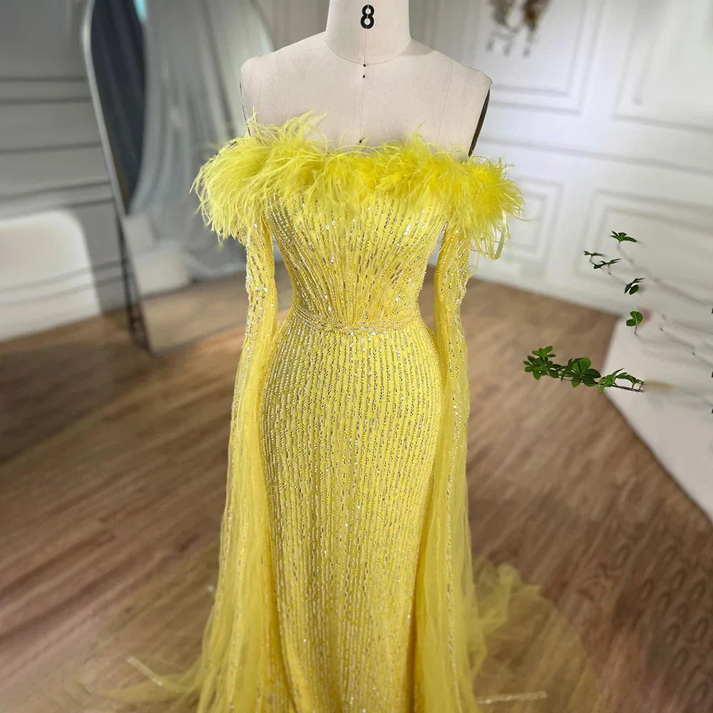 Rosa Cape Sleeves Mermaid gelb Abendkleider Kleider Luxus Perlen Federn Für Frauen Hochzeit Party 2025 LA72169A