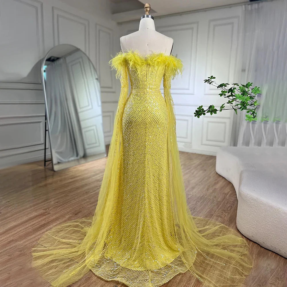 Rosa Cape Sleeves Mermaid gelb Abendkleider Kleider Luxus Perlen Federn Für Frauen Hochzeit Party 2025 LA72169A