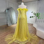Rosa Cape Sleeves Mermaid gelb Abendkleider Kleider Luxus Perlen Federn Für Frauen Hochzeit Party 2025 LA72169A