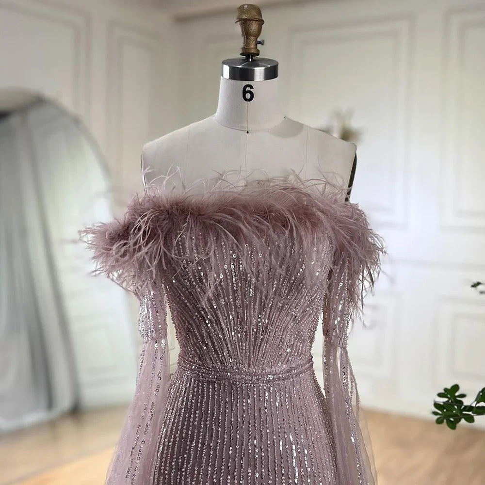 Rosa Cape Sleeves Mermaid gelb Abendkleider Kleider Luxus Perlen Federn Für Frauen Hochzeit Party 2025 LA72169A