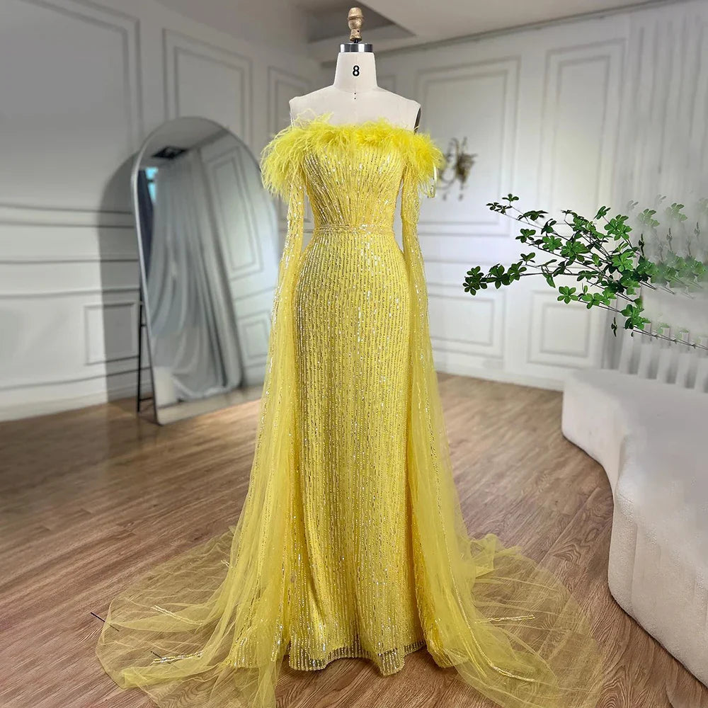 Rosa Cape Sleeves Mermaid gelb Abendkleider Kleider Luxus Perlen Federn Für Frauen Hochzeit Party 2025 LA72169A