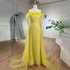 Rosa Cape Sleeves Mermaid gelb Abendkleider Kleider Luxus Perlen Federn Für Frauen Hochzeit Party 2025 LA72169A