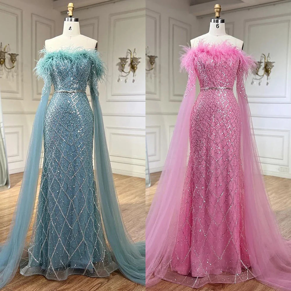 Luxury Feather Pink Evening Dress with Cape Sleeves LA72169B