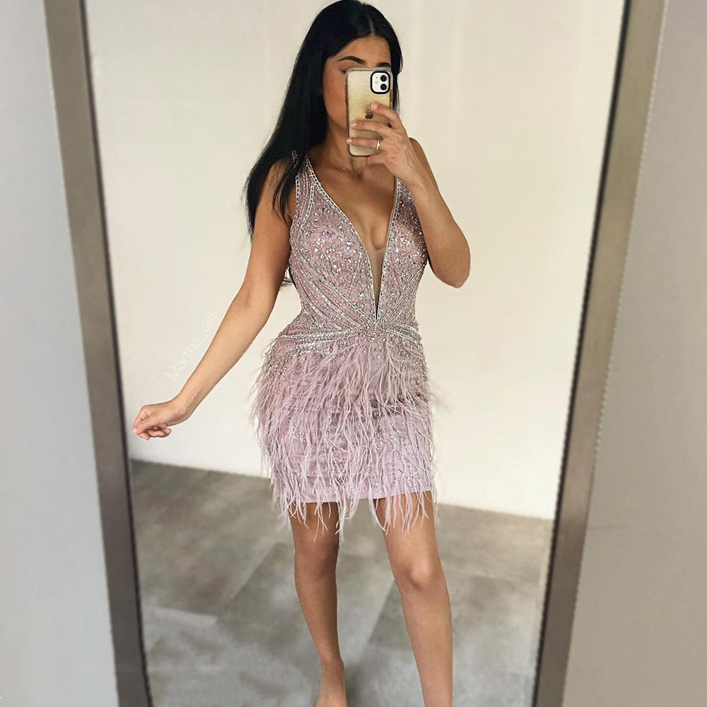 Rosa Elegante Meramid Sexy V-ausschnitt Knie-Länge Federn Perlen Luxus Abendkleider 2025 Für Frauen Party LA71684 