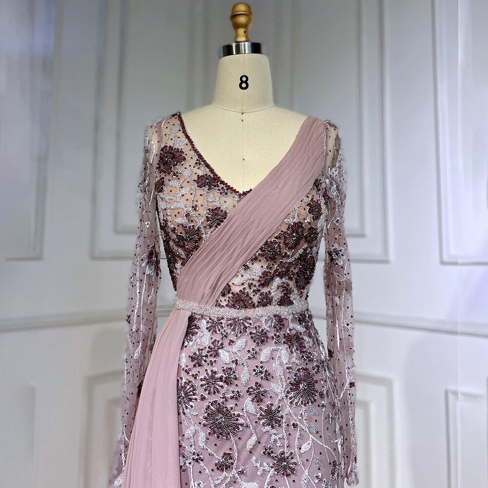 Pink Elegant Mermaid Sexy With Overskirt Beaded Luxury Evening Dresses Gowns For Women Arabic Party 2025 LA71835