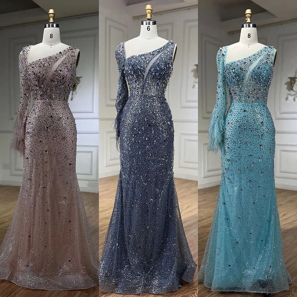 Pink Elegant Mermaid with Skirt Crystal Beaded Feathers Luxury Evening Dress Ladies Wedding Party Dress 2025 LA72377