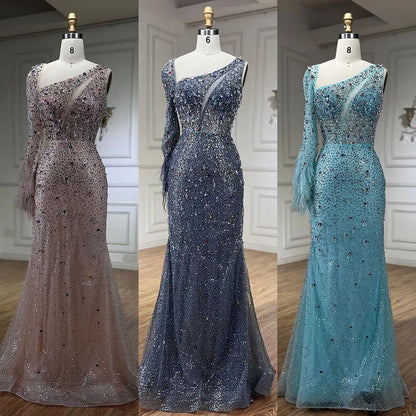 Pink Elegant Mermaid with Skirt Crystal Beaded Feathers Luxury Evening Dress Ladies Wedding Party Dress 2025 LA72377