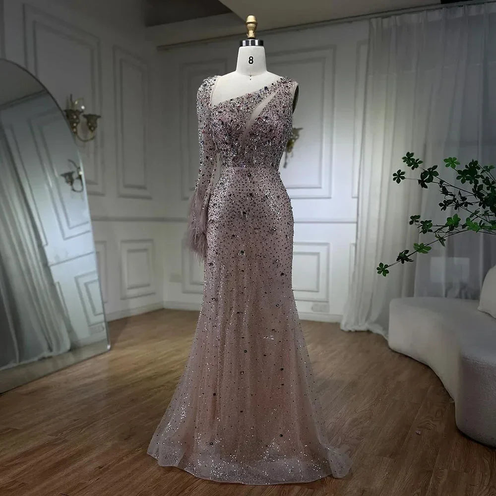 Vestido de noche elegante de sirena rosa con falda de plumas y cuentas de cristal para dama de honor, vestido de fiesta de boda 2025 LA72377 