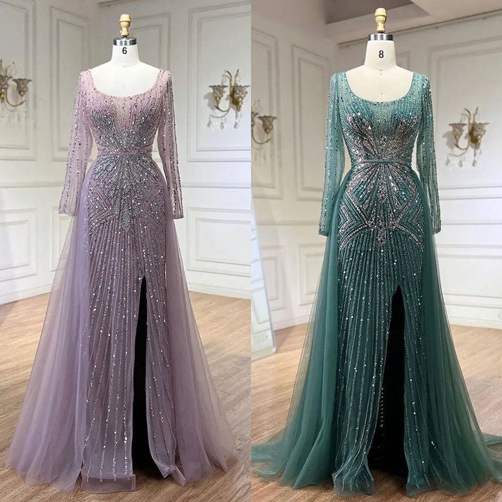Elegante vestido de noche rosa con sobrefalda abierta, de lujo, con cuentas y corte sirena, ideal para bodas y fiestas 2025 LA72431 