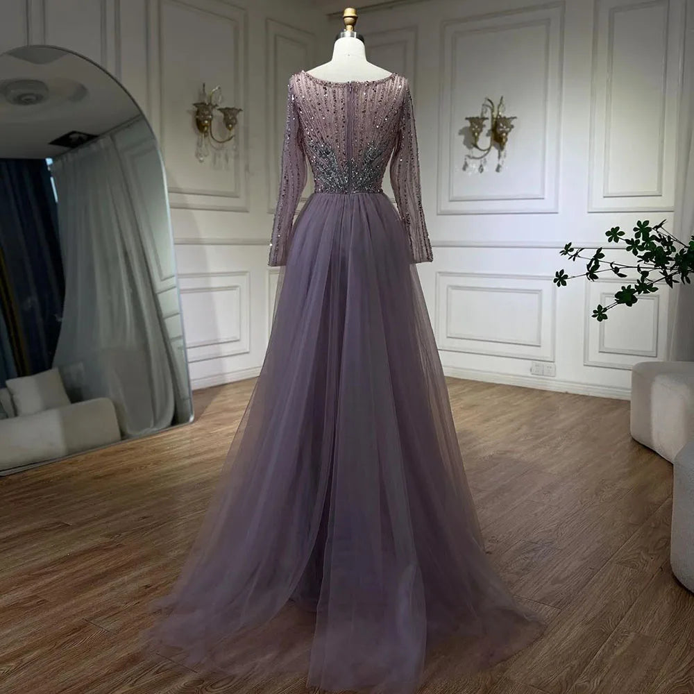 Elegante vestido de noche rosa con sobrefalda abierta, de lujo, con cuentas y corte sirena, ideal para bodas y fiestas 2025 LA72431 