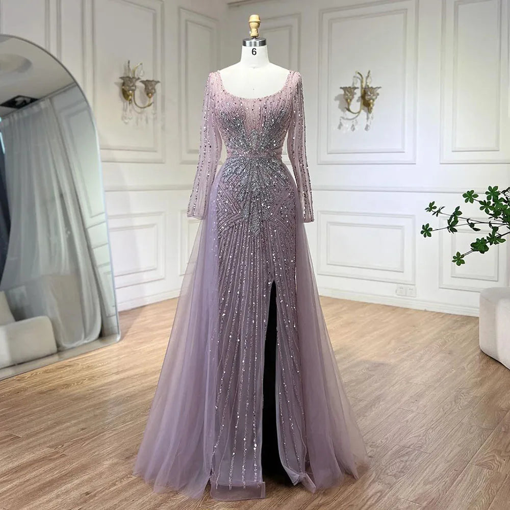 Elegante vestido de noche rosa con sobrefalda abierta, de lujo, con cuentas y corte sirena, ideal para bodas y fiestas 2025 LA72431 