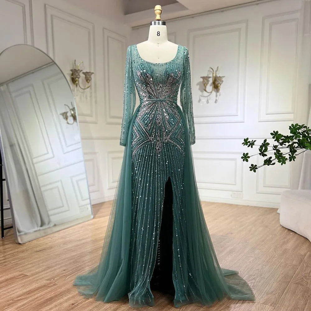 Elegante vestido de noche rosa con sobrefalda abierta, de lujo, con cuentas y corte sirena, ideal para bodas y fiestas 2025 LA72431 
