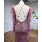 Elegantes vestidos de noche largos de sirena con plumas rosas, vestidos de lujo de Dubái para mujer, para fiesta de bodas LA72116 