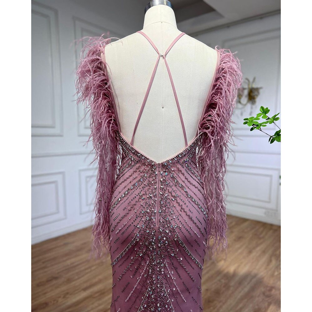 Elegantes vestidos de noche largos de sirena con plumas rosas, vestidos de lujo de Dubái para mujer, para fiesta de bodas LA72116 