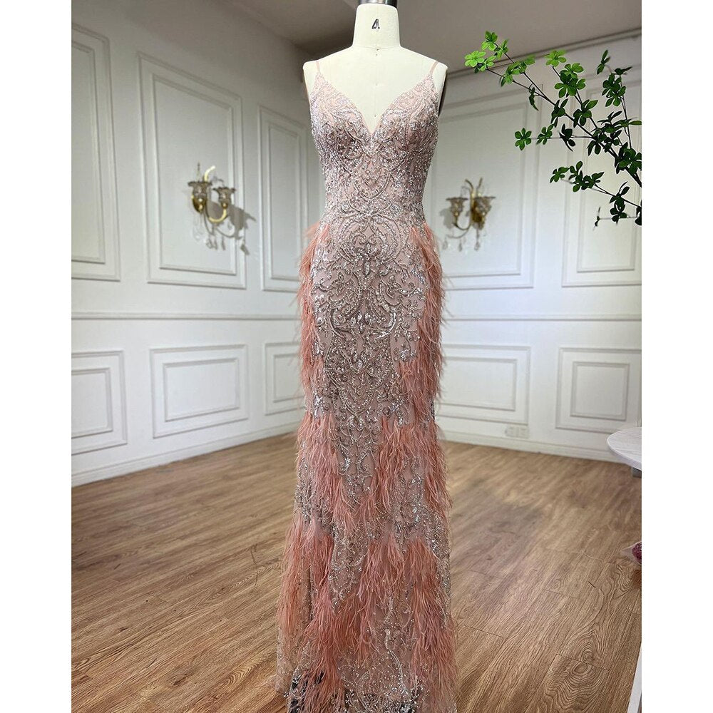 Vestidos de noche estilo sirena con plumas rosas 2025, vestidos de lujo de Dubái para mujer, para fiesta de bodas LA72105 