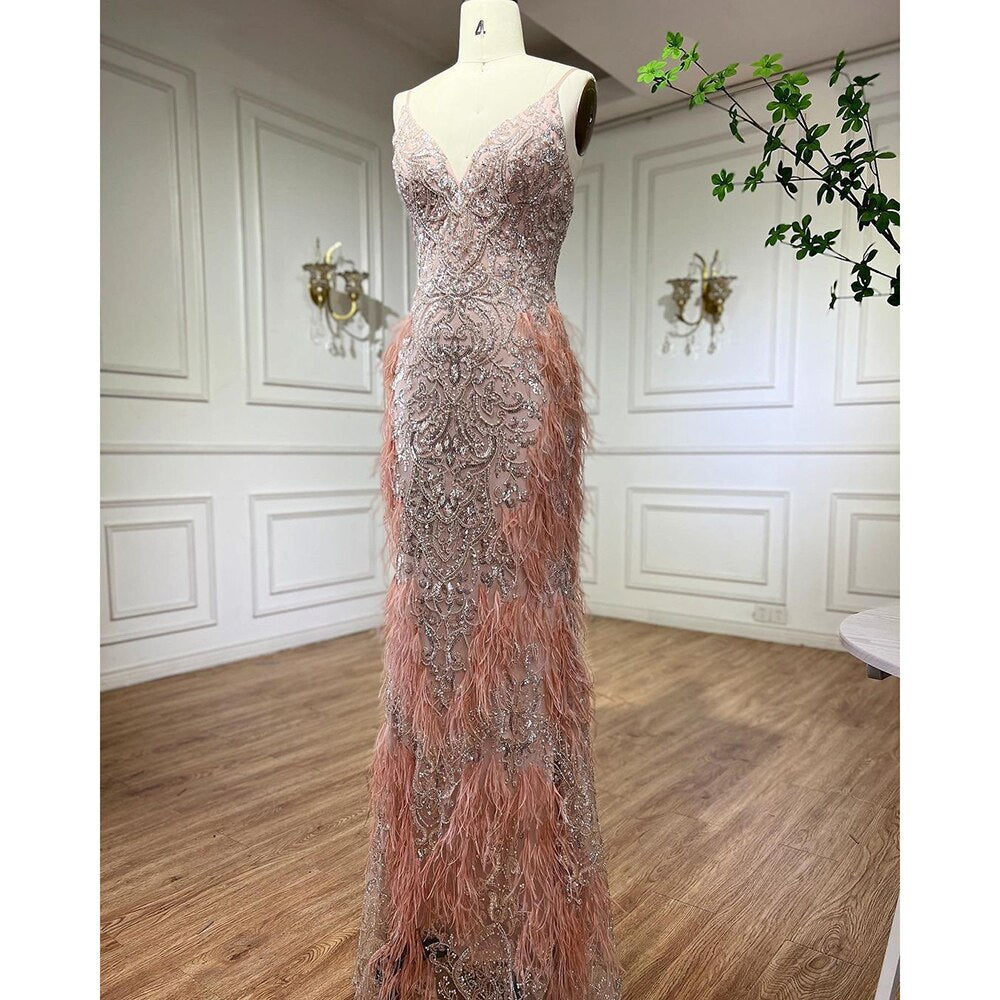Vestidos de noche estilo sirena con plumas rosas 2025, vestidos de lujo de Dubái para mujer, para fiesta de bodas LA72105 