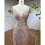 Vestidos de noche estilo sirena con plumas rosas 2025, vestidos de lujo de Dubái para mujer, para fiesta de bodas LA72105 