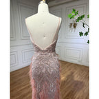 Vestidos de noche estilo sirena con plumas rosas 2025, vestidos de lujo de Dubái para mujer, para fiesta de bodas LA72105 