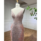 Vestidos de noche estilo sirena con plumas rosas 2025, vestidos de lujo de Dubái para mujer, para fiesta de bodas LA72105 