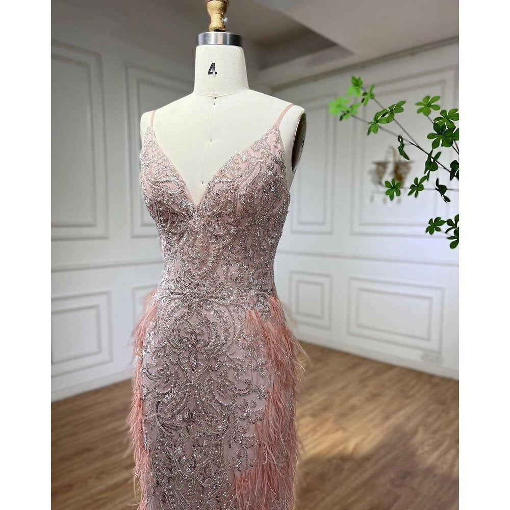 Vestidos de noche estilo sirena con plumas rosas 2025, vestidos de lujo de Dubái para mujer, para fiesta de bodas LA72105 
