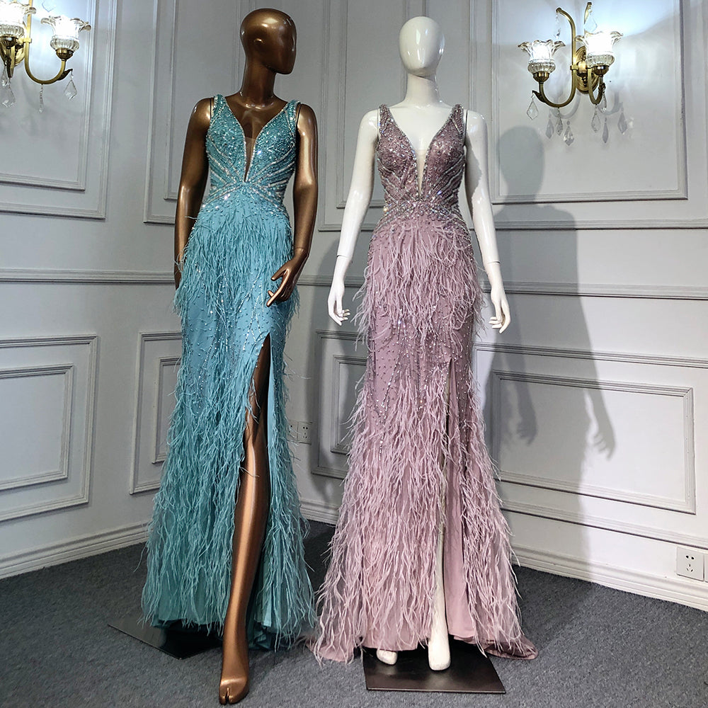 Rosa High Split Meerjungfrau Abendkleider Kleider 2025 Backless Luxus Perlen Feder Für Frauen Party LA71583