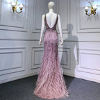 Rosa High Split Meerjungfrau Abendkleider Kleider 2025 Backless Luxus Perlen Feder Für Frauen Party LA71583