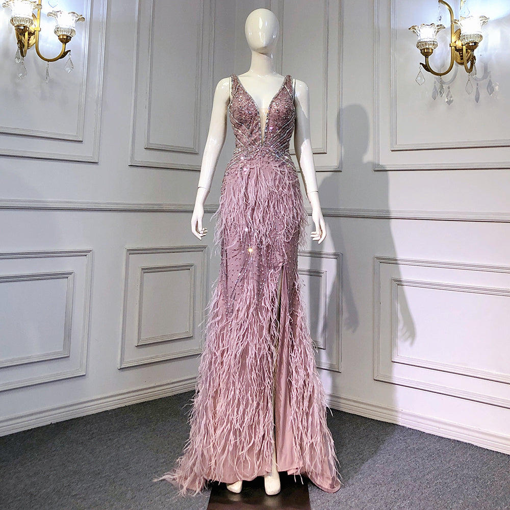 Rosa High Split Meerjungfrau Abendkleider Kleider 2025 Backless Luxus Perlen Feder Für Frauen Party LA71583